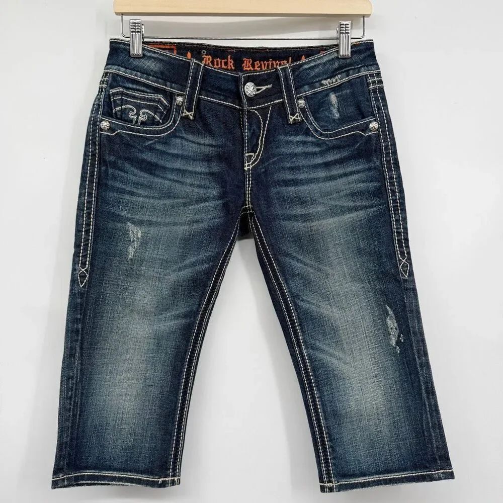 Rock Revival Blue Denim Low Rise Alanis Cropped Capri Jeans Dark Wash Size 27